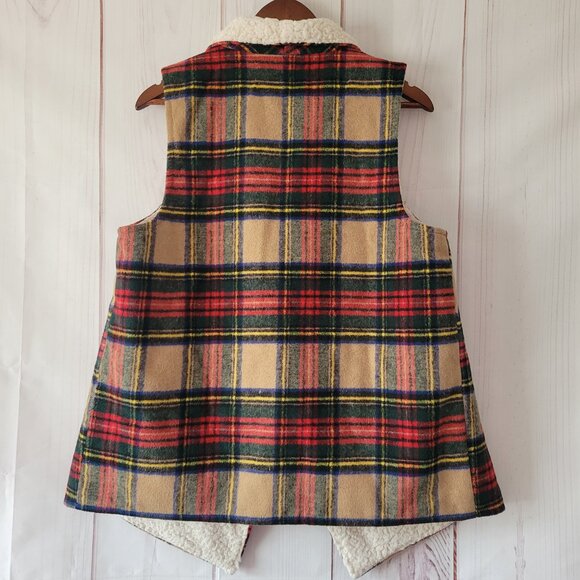 Maurices Plaid Sherpa Lined Open Front Vest, Women’s L, Wool Blend Flannel EUC - Picture 2 of 6